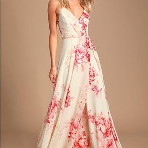 Lulus Elegantly Inclined Cream and Coral Floral Print Wrap Maxi Dress